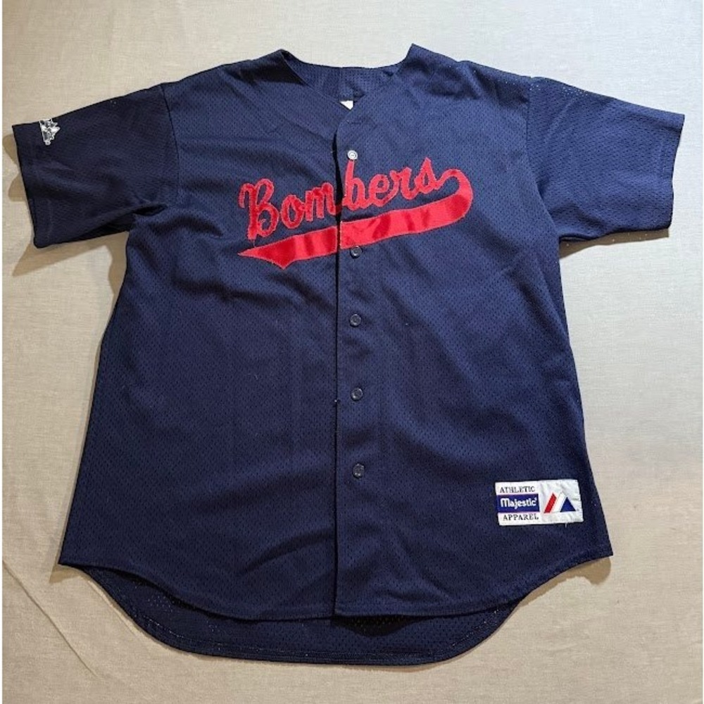 Majestic Bombers Baseball Jersey Mens L Blue Red Button Up Athletic Apparel USA
